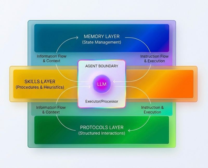 AI agent architecture layers: memory, skills, protocols and mediators around an LLM reasoning core